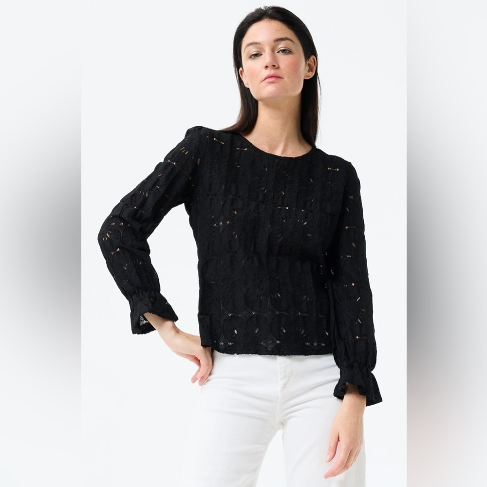 Leo & Ugo‎ Black Lace Long Sleeve Flare Cuff Top Size XS NWT